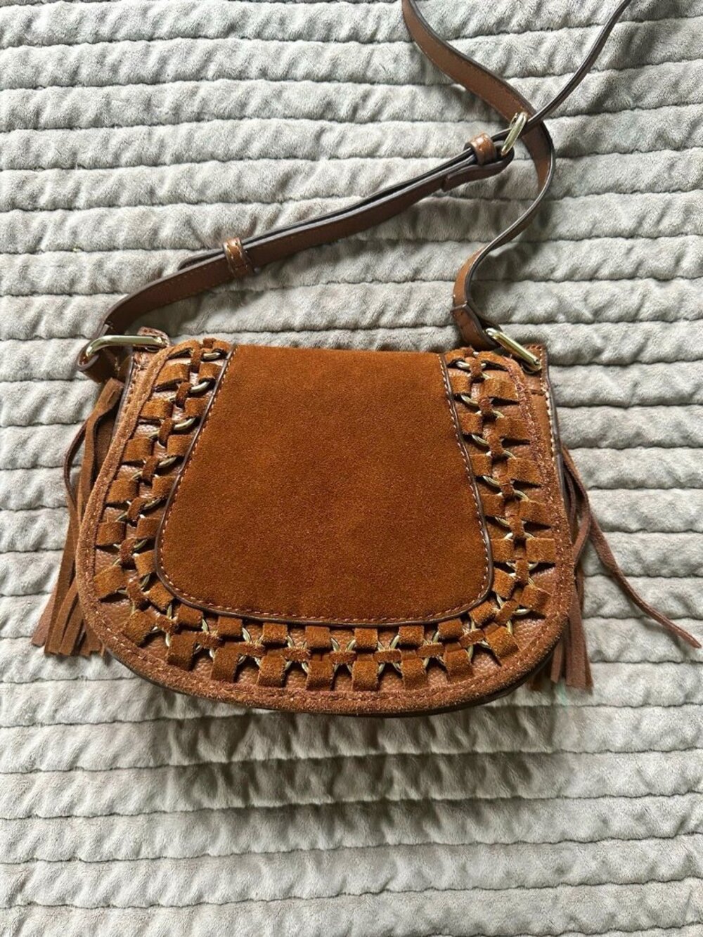 MNG Mango Suede Leather Saddle Bag Crossbody Tassels